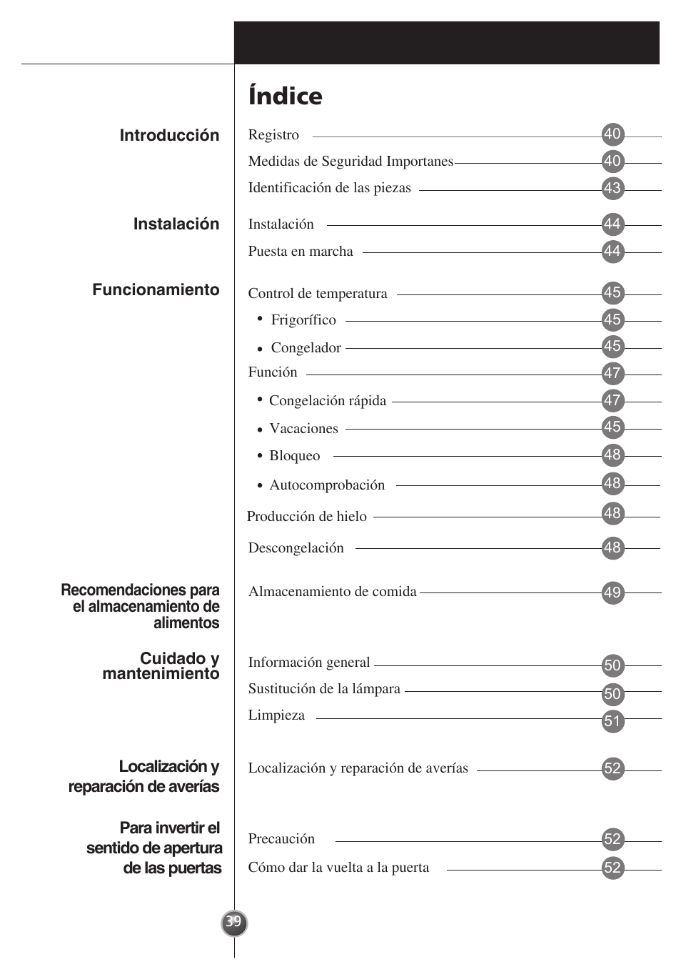 Índice | LG GR-3992EW User Manual | Page 20 / 57
