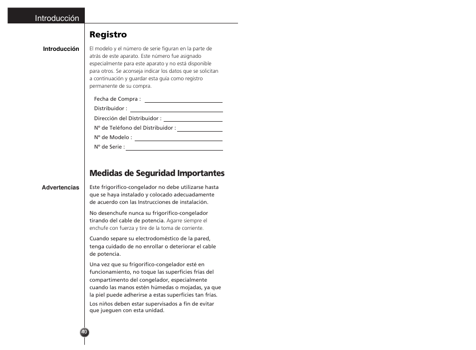 Registro, Medidas de seguridad importantes, Introducción | LG GR-3992EW User Manual | Page 21 / 57