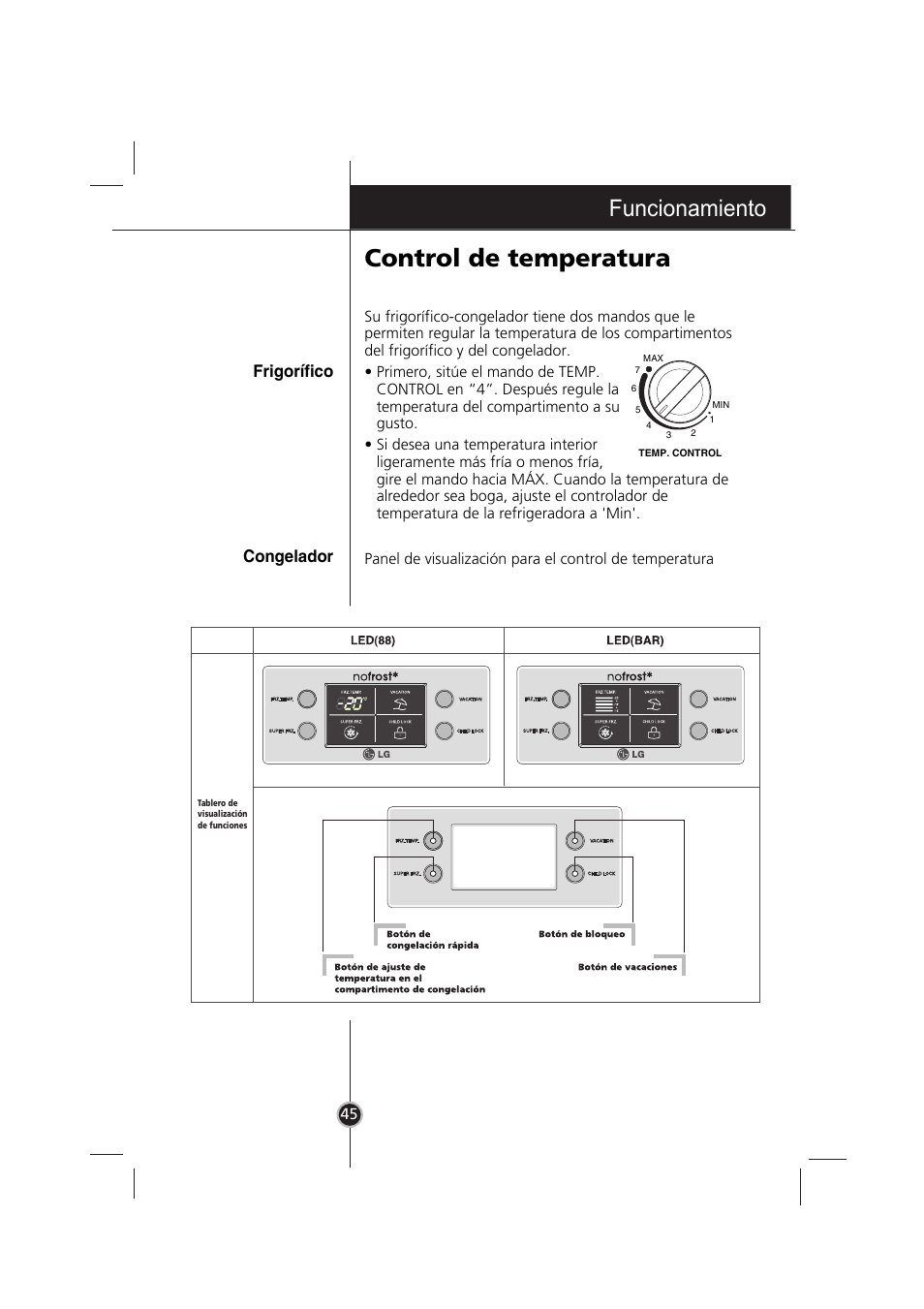 Control de temperatura, Funcionamiento, Frigorífico congelador | LG GR-3992EW User Manual | Page 26 / 57