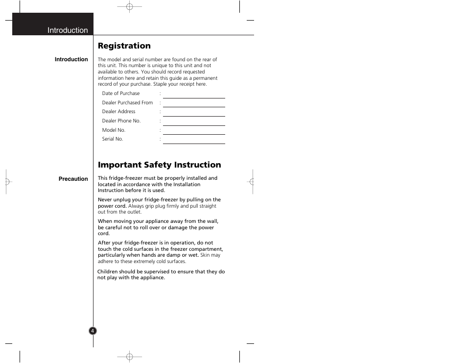Registration, Important safety instruction, Introduction | LG GR-3992EW User Manual | Page 3 / 57