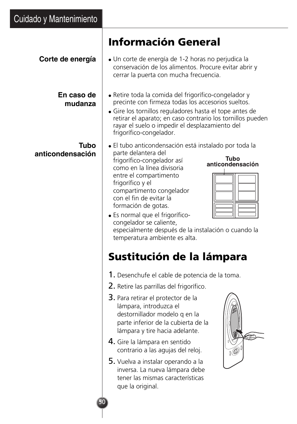 Sustitución de la lámpara, Información general, Cuidado y mantenimiento | LG GR-3992EW User Manual | Page 31 / 57