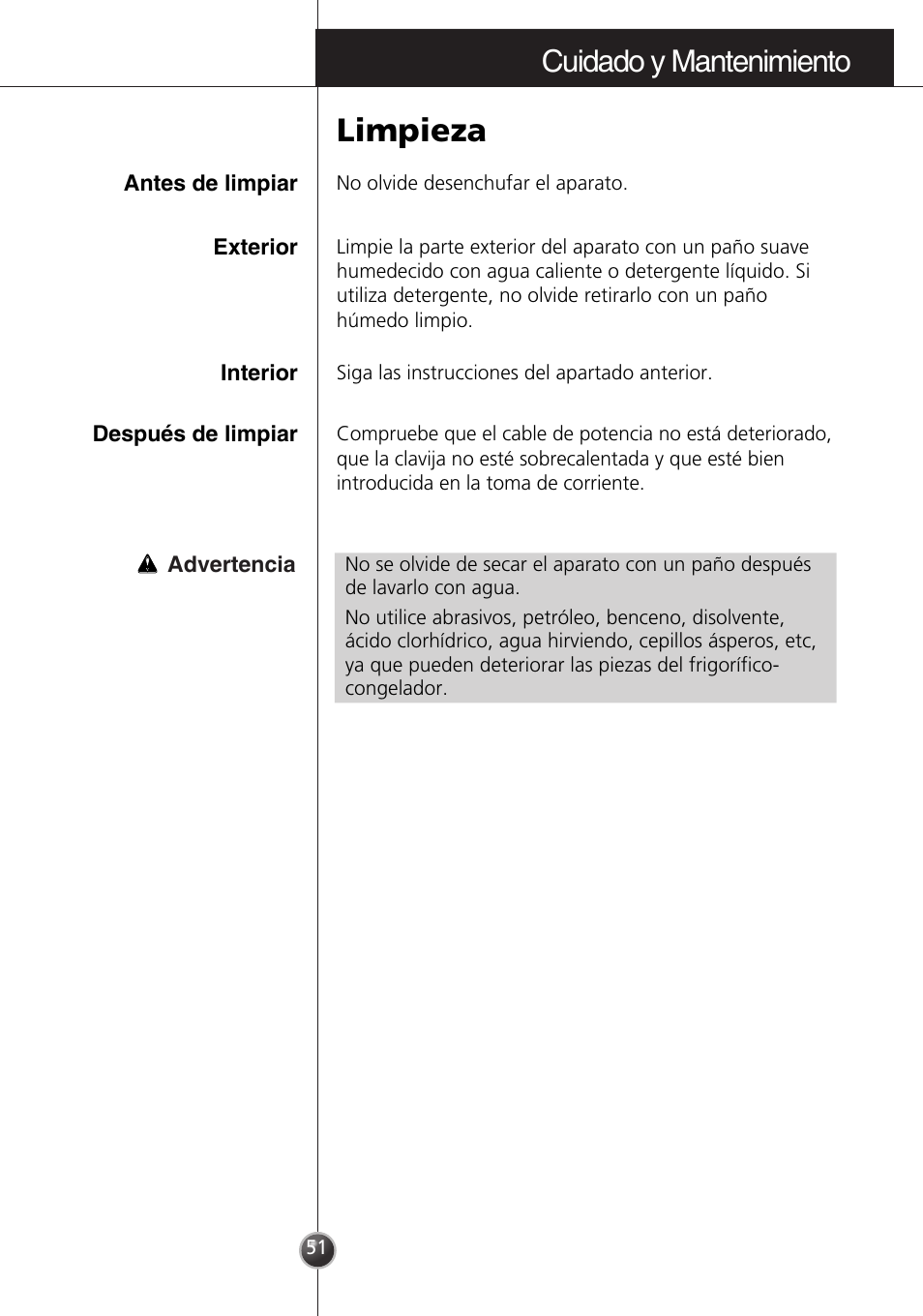 Limpieza, Cuidado y mantenimiento | LG GR-3992EW User Manual | Page 32 / 57
