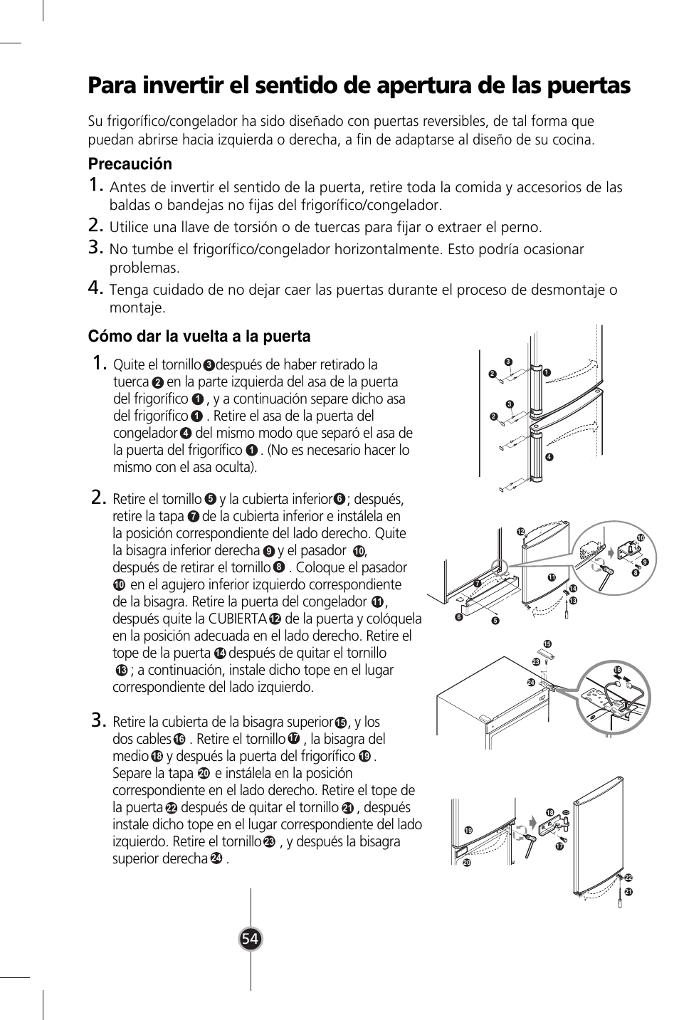 Precaución, Cómo dar la vuelta a la puerta | LG GR-3992EW User Manual | Page 35 / 57