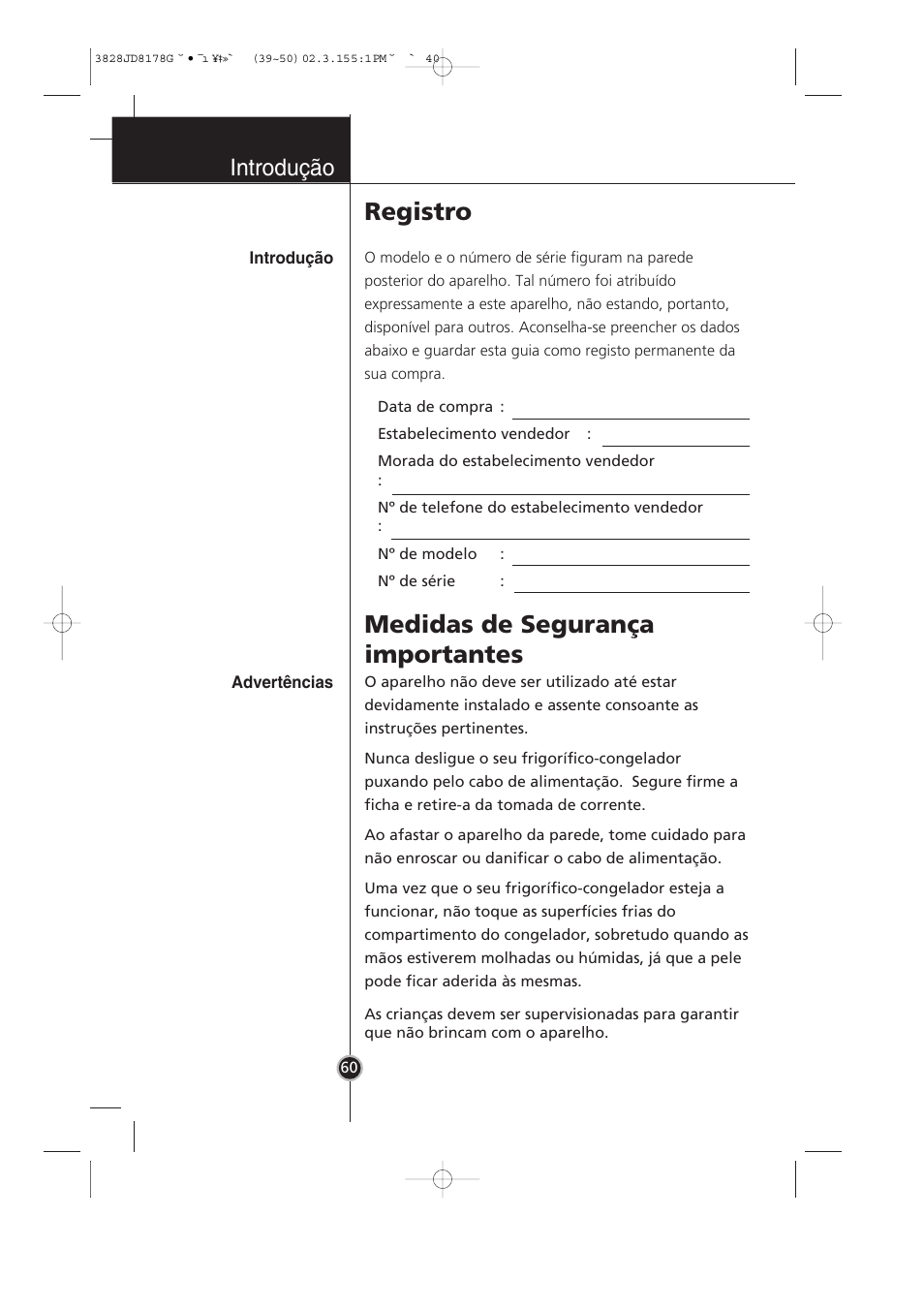 Medidas de segurança importantes, Registro, Introdução | LG GR-3992EW User Manual | Page 41 / 57