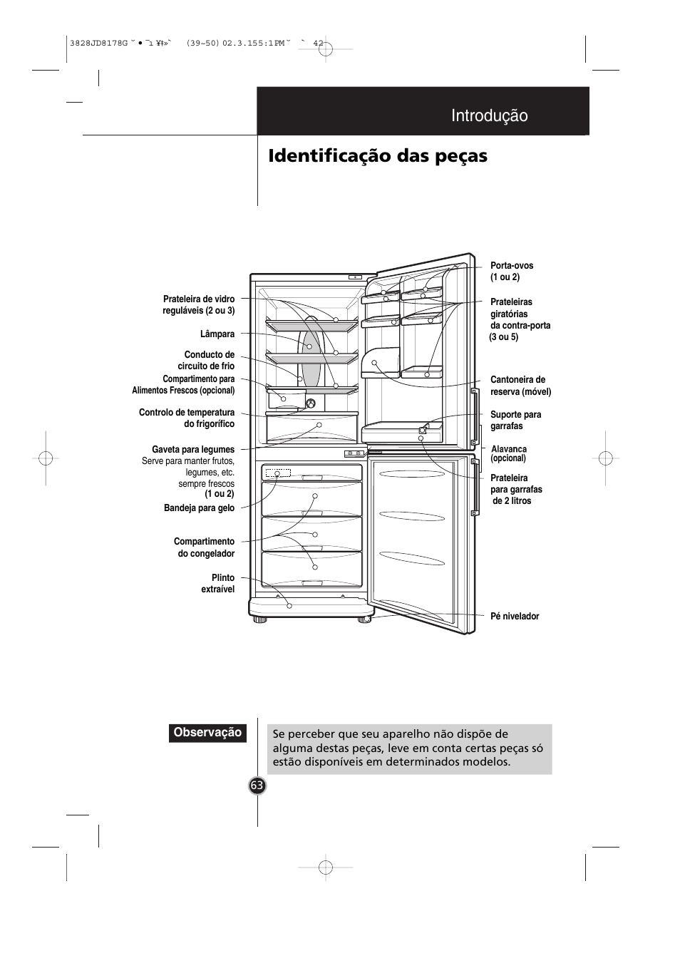 Identificação das peças, Introdução, Observação | LG GR-3992EW User Manual | Page 44 / 57