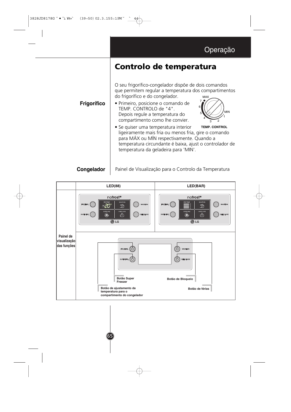 Controlo de temperatura, Operação, Frigorífico | Congelador | LG GR-3992EW User Manual | Page 46 / 57