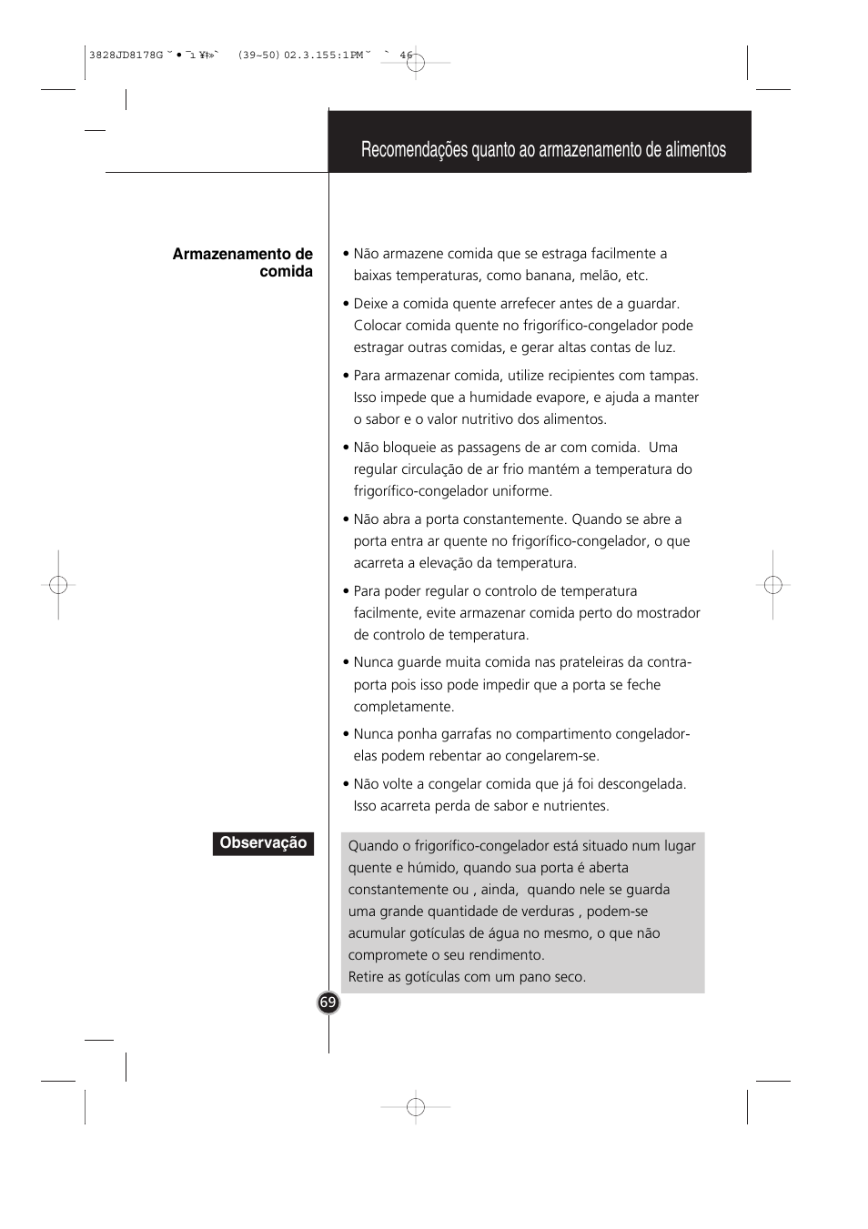 Recomendações quanto ao armazenamento de alimentos | LG GR-3992EW User Manual | Page 50 / 57