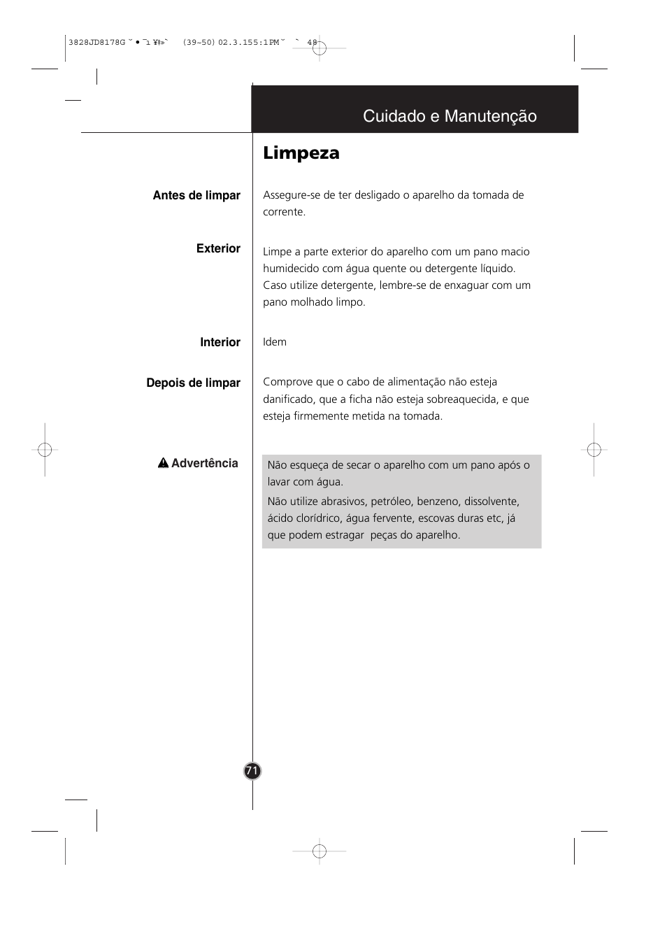 Limpeza, Cuidado e manutenção | LG GR-3992EW User Manual | Page 52 / 57
