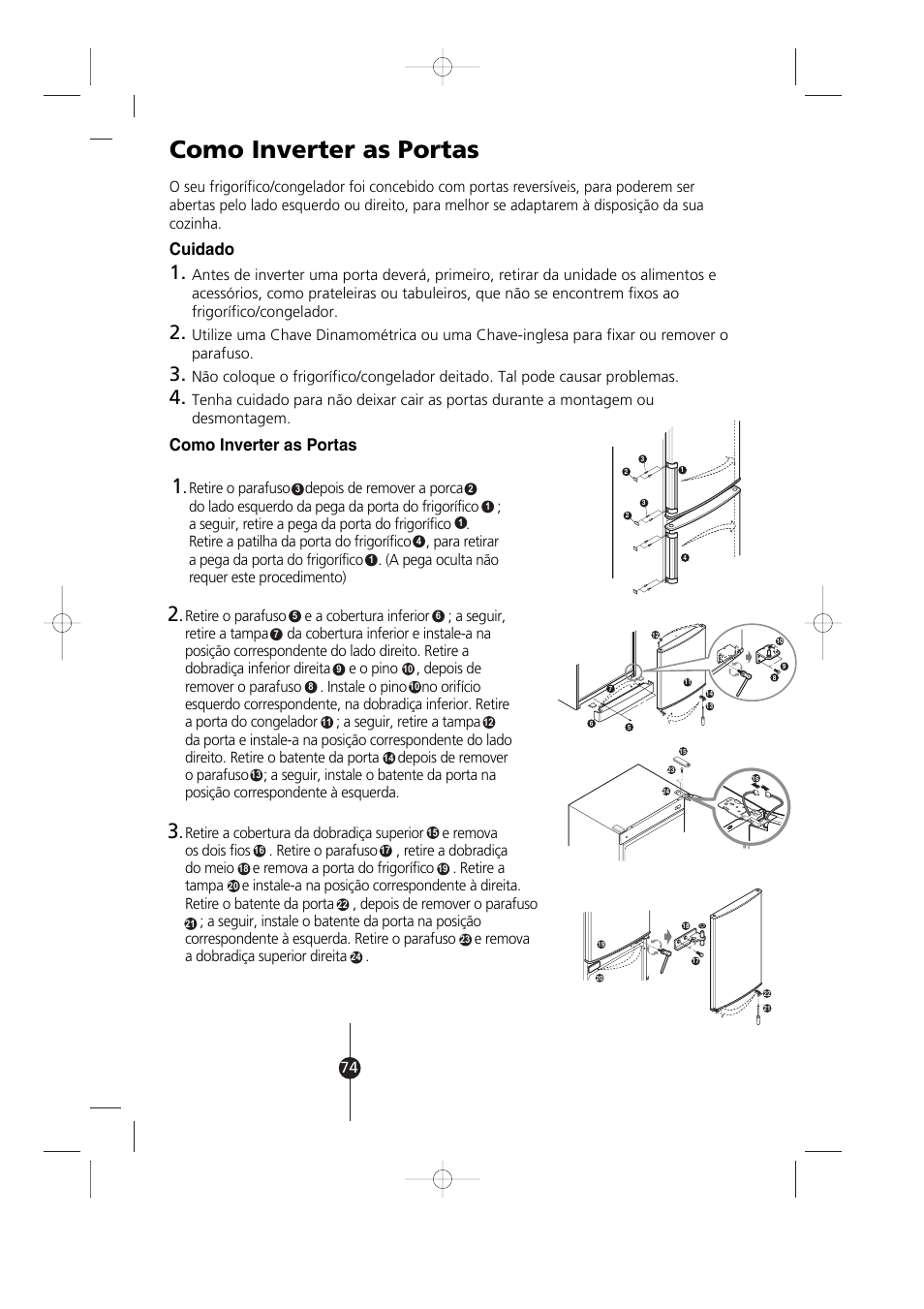 Como inverter as portas, Cuidado | LG GR-3992EW User Manual | Page 55 / 57