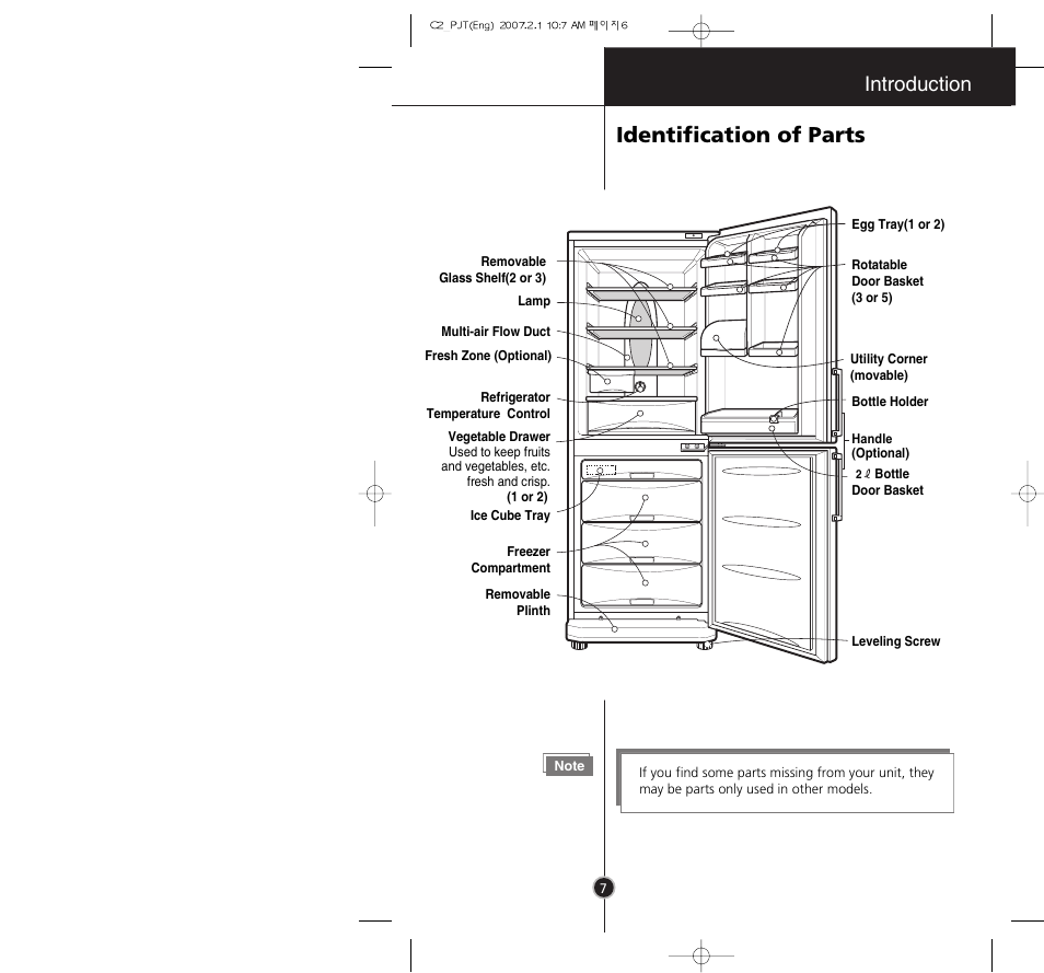 Identification of parts, Introduction | LG GR-3992EW User Manual | Page 6 / 57