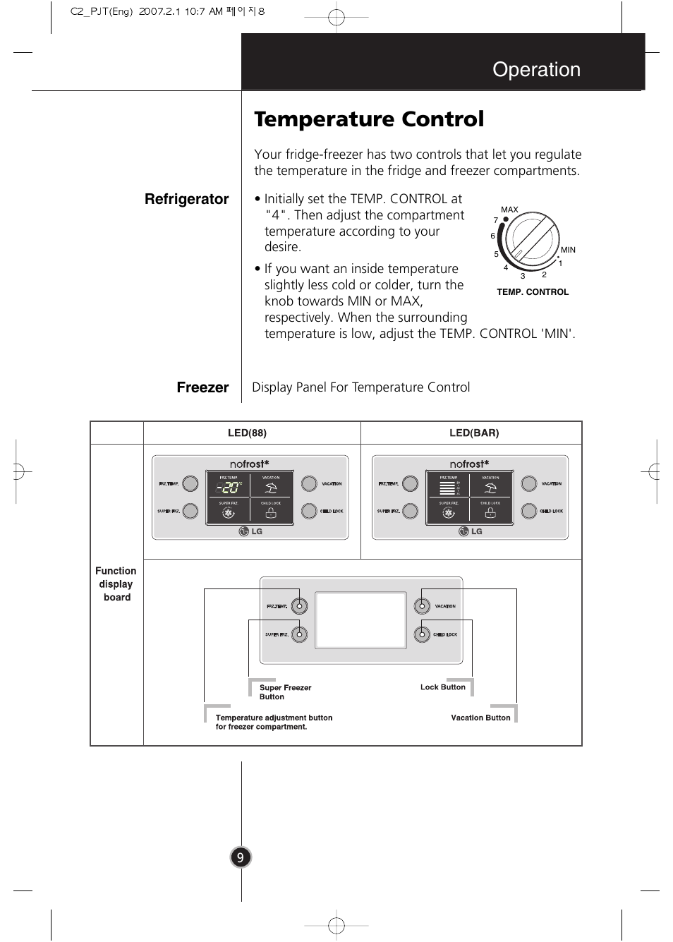 Temperature control, Operation, Refrigerator freezer | LG GR-3992EW User Manual | Page 8 / 57