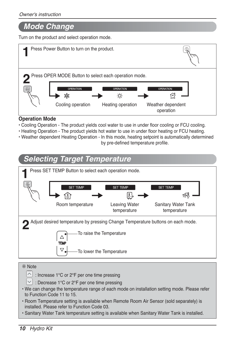 Selecting target temperature, Mode change | LG ARNH10GK2A2 User Manual | Page 10 / 495