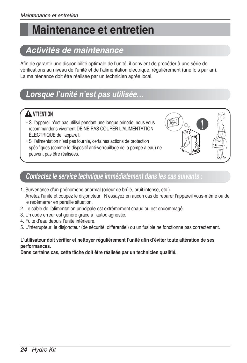 Maintenance et entretien, Activités de maintenance, Lorsque lʼunité nʼest pas utilisée | LG ARNH10GK2A2 User Manual | Page 102 / 495