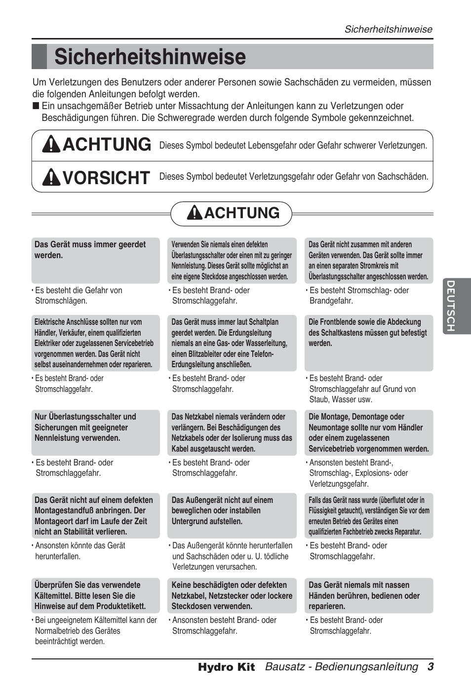 Sicherheitshinweise, Achtung vorsicht, Achtung | LG ARNH10GK2A2 User Manual | Page 107 / 495