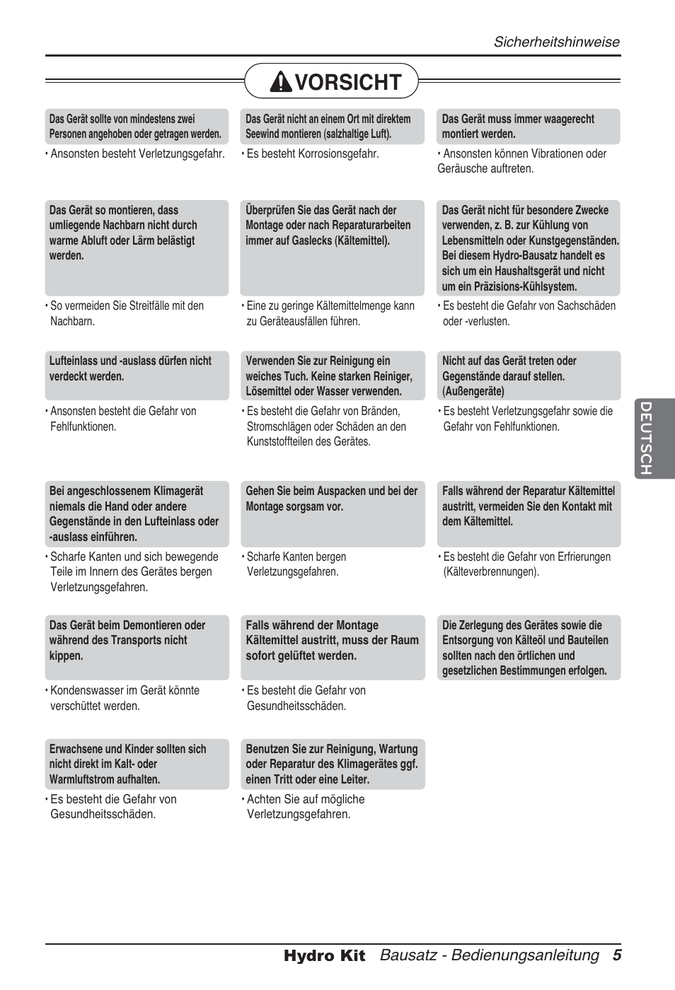 Vorsicht, Bausatz - bedienungsanleitung 5 hydro kit deutsch | LG ARNH10GK2A2 User Manual | Page 109 / 495