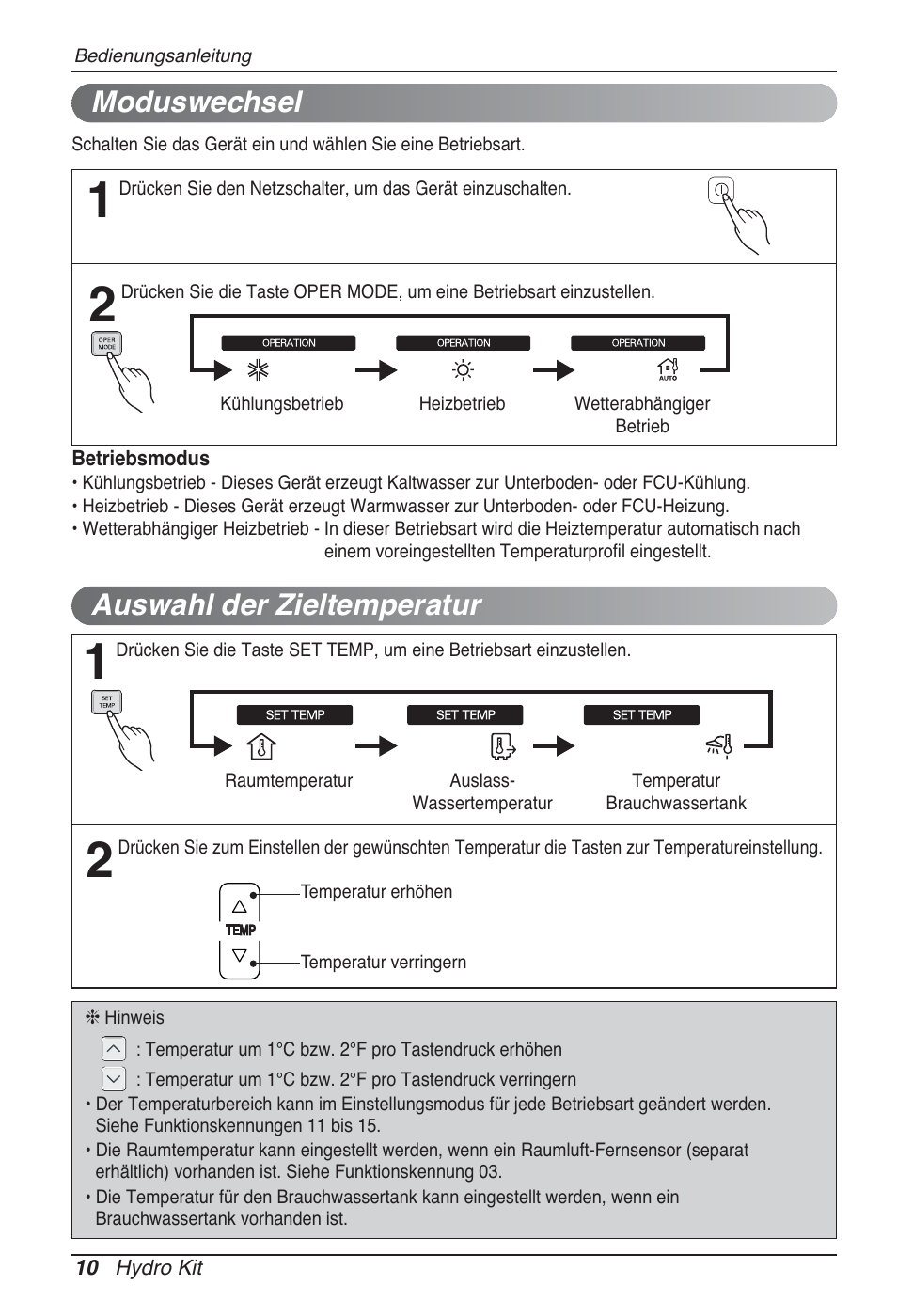 Auswahl der zieltemperatur, Moduswechsel | LG ARNH10GK2A2 User Manual | Page 114 / 495