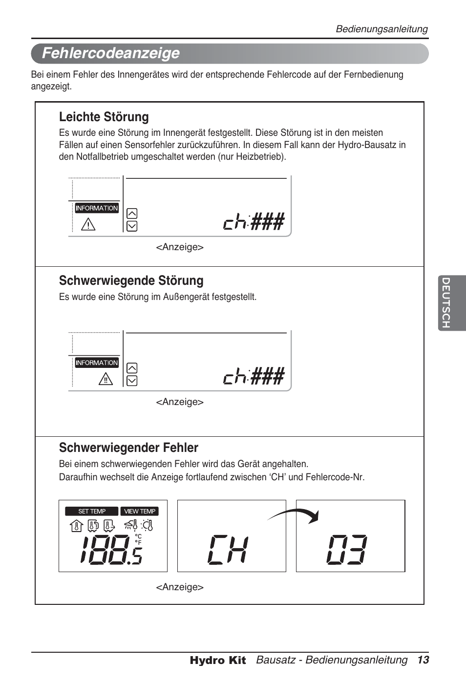 Fehlercodeanzeige, Leichte störung, Schwerwiegende störung | Schwerwiegender fehler | LG ARNH10GK2A2 User Manual | Page 117 / 495
