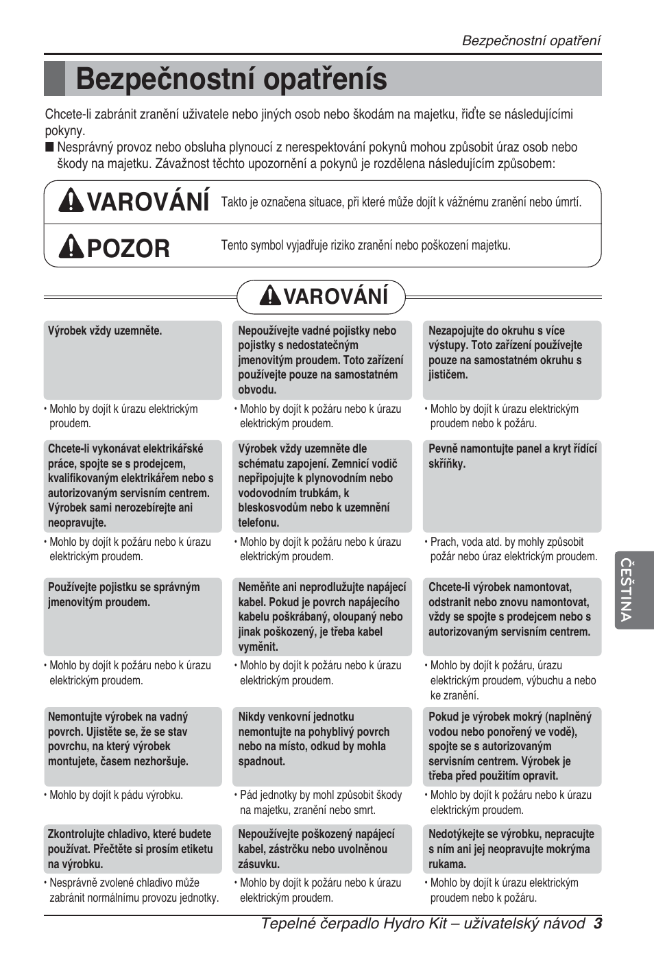 Bezpečnostní opatřenís, Varování pozor, Varování | LG ARNH10GK2A2 User Manual | Page 159 / 495