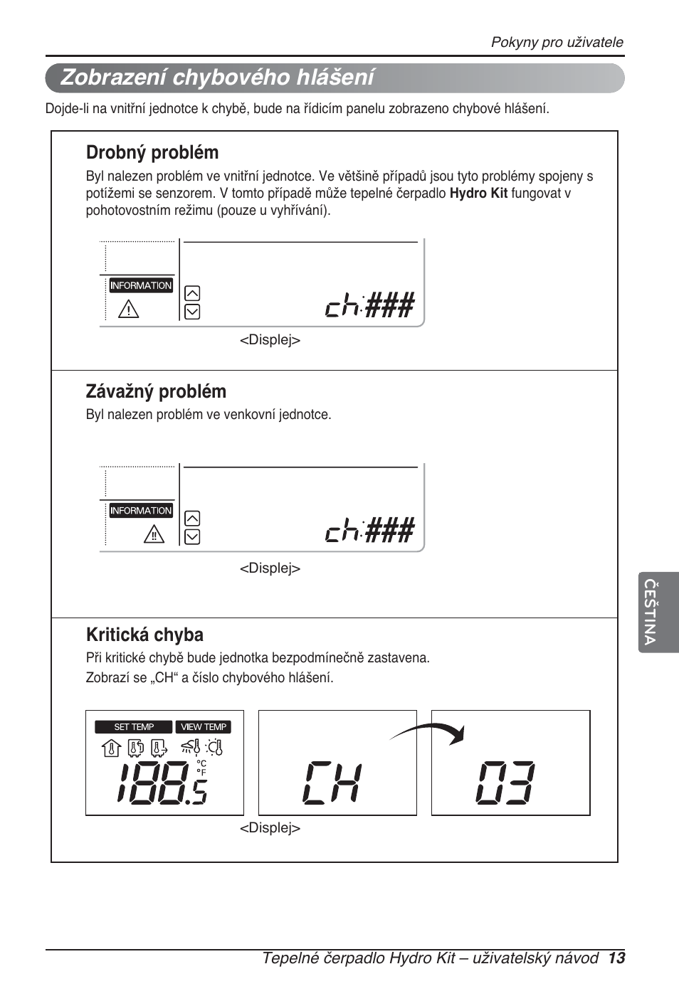 Zobrazení chybového hlášení, Drobný problém, Závažný problém | Kritická chyba | LG ARNH10GK2A2 User Manual | Page 169 / 495