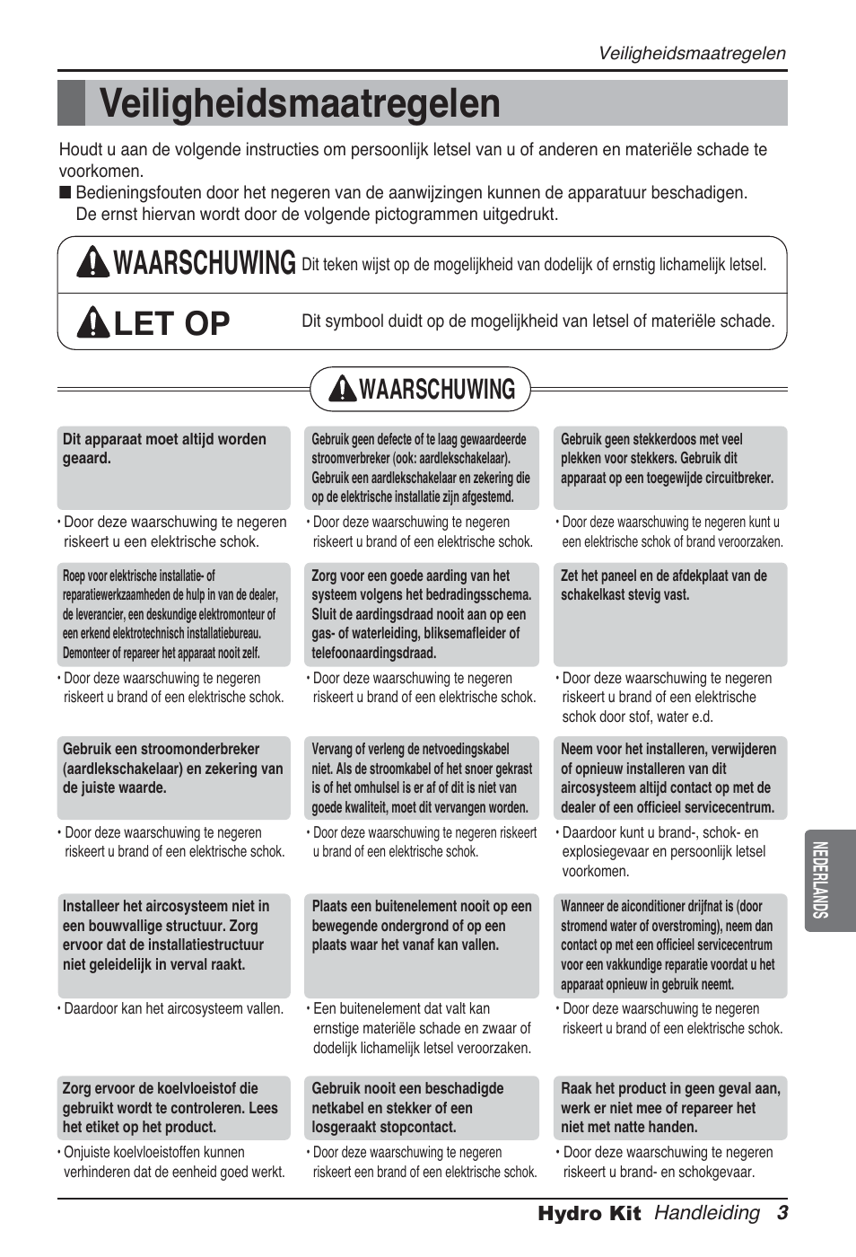 Veiligheidsmaatregelen, Waarschuwing let op, Waarschuwing | LG ARNH10GK2A2 User Manual | Page 185 / 495