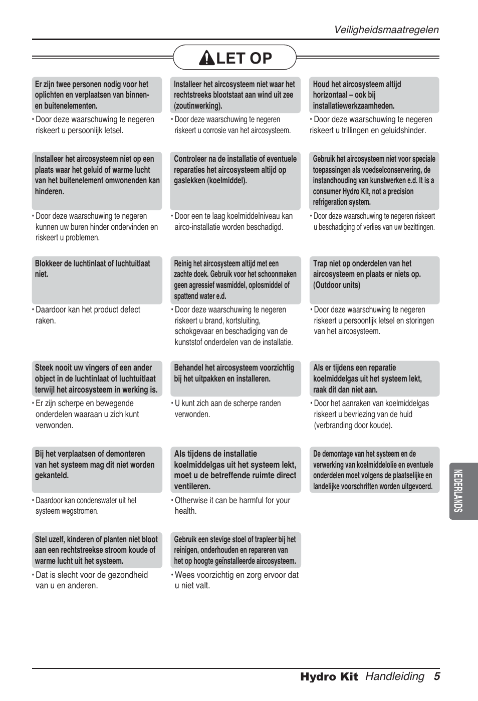 Let op, Handleiding 5 hydro kit nederlands | LG ARNH10GK2A2 User Manual | Page 187 / 495