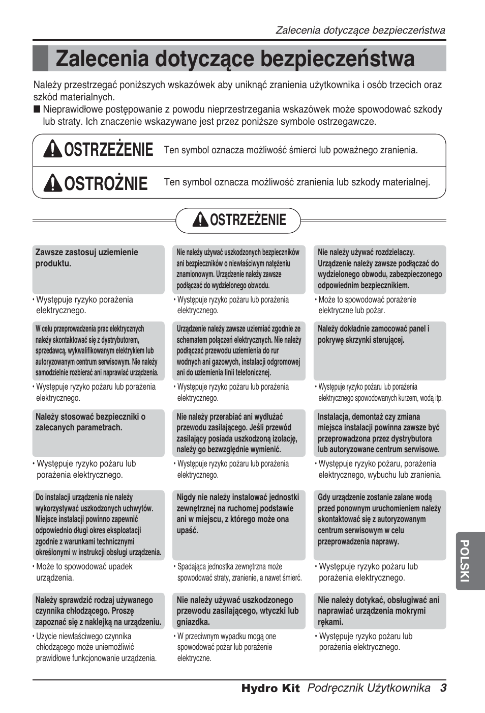 Zalecenia dotyczące bezpieczeństwa, Ostrzeżenie ostrożnie, Ostrzeżenie | LG ARNH10GK2A2 User Manual | Page 211 / 495