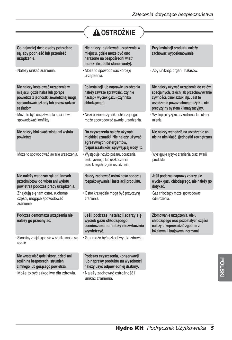 Ostrożnie, Podręcznik użytkownika 5 hydro kit polski | LG ARNH10GK2A2 User Manual | Page 213 / 495