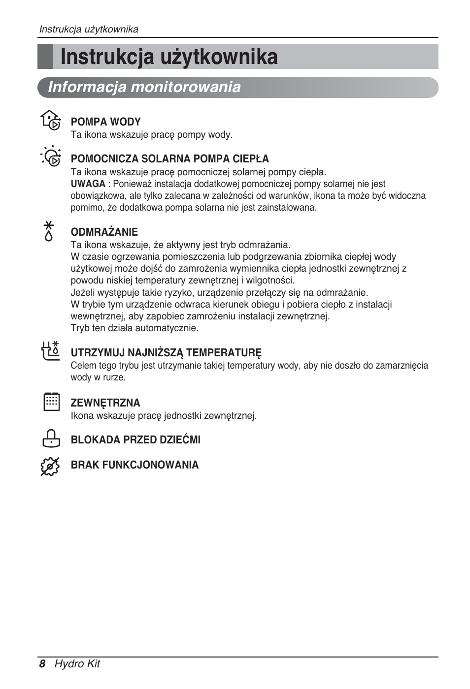 Instrukcja użytkownika, Informacja monitorowania | LG ARNH10GK2A2 User Manual | Page 216 / 495