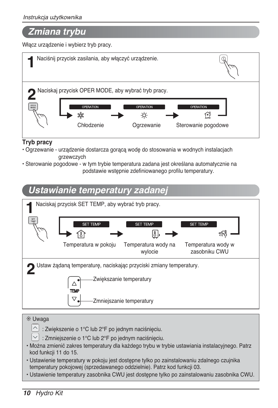 Ustawianie temperatury zadanej, Zmiana trybu | LG ARNH10GK2A2 User Manual | Page 218 / 495