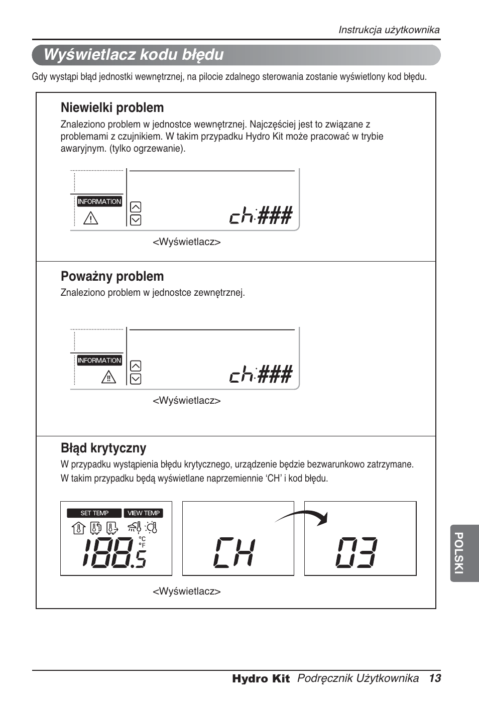 Wyświetlacz kodu błędu, Niewielki problem, Poważny problem | Błąd krytyczny | LG ARNH10GK2A2 User Manual | Page 221 / 495