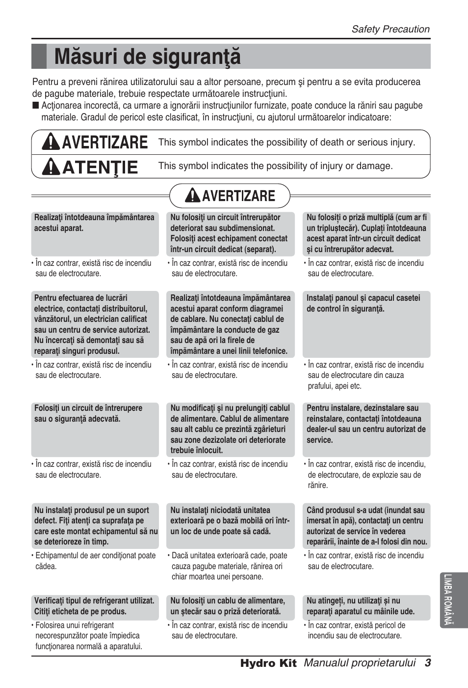 Măsuri de siguranţă, Manualul proprietarului 3 hydro kit limba română | LG ARNH10GK2A2 User Manual | Page 237 / 495