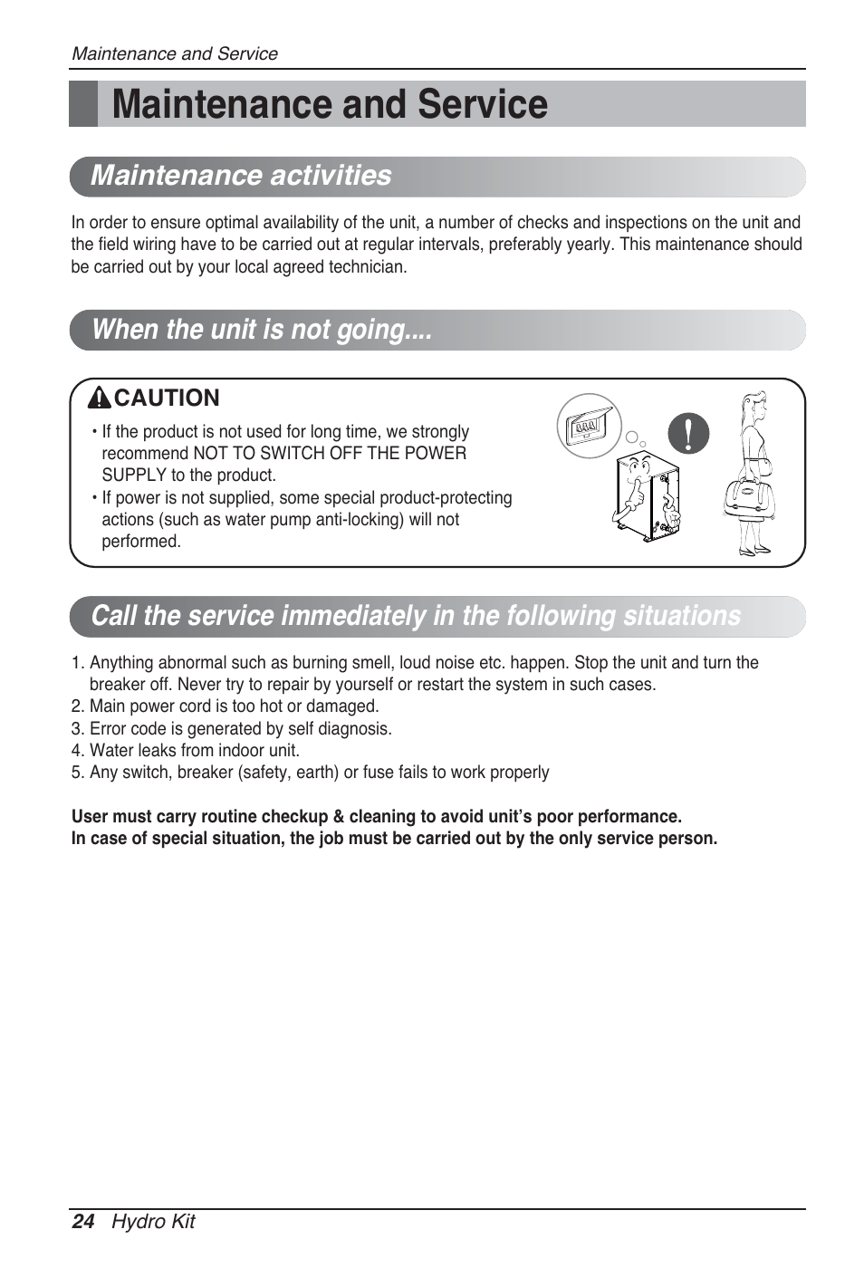 Maintenance and service, Maintenance activities, When the unit is not going | LG ARNH10GK2A2 User Manual | Page 24 / 495