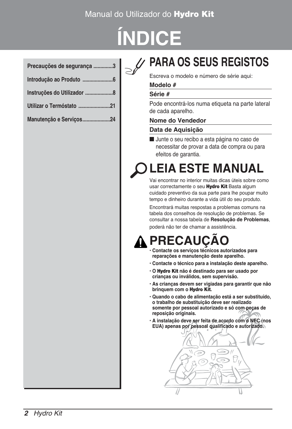 Índice, Para os seus registos, Leia este manual | Precaução, Manual do utilizador do hydro kit | LG ARNH10GK2A2 User Manual | Page 262 / 495