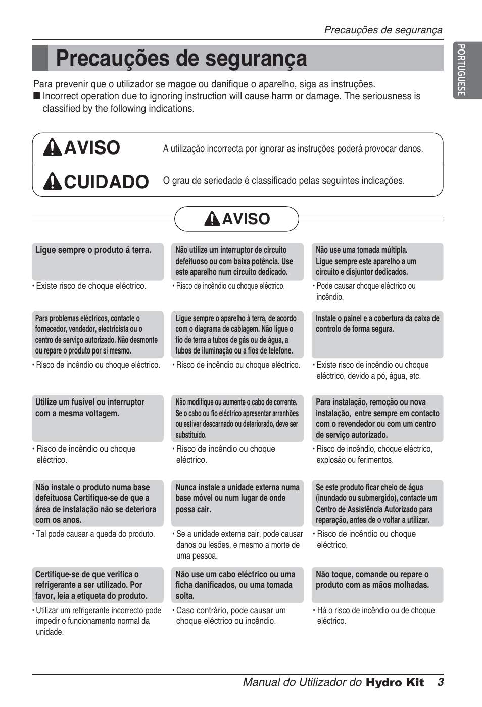 Precauções de segurança, Aviso cuidado, Aviso | LG ARNH10GK2A2 User Manual | Page 263 / 495