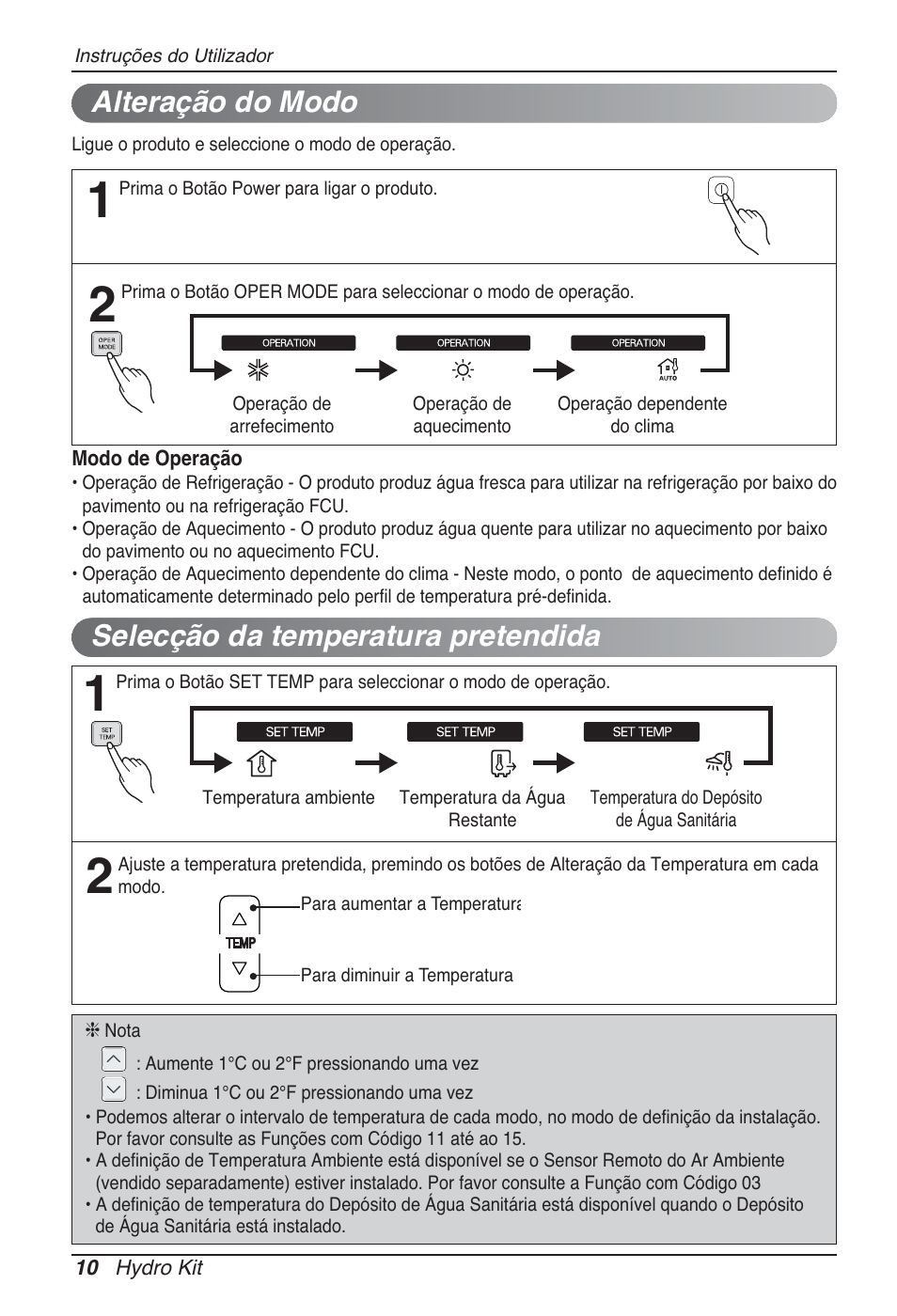 Selecção da temperatura pretendida, Alteração do modo | LG ARNH10GK2A2 User Manual | Page 270 / 495