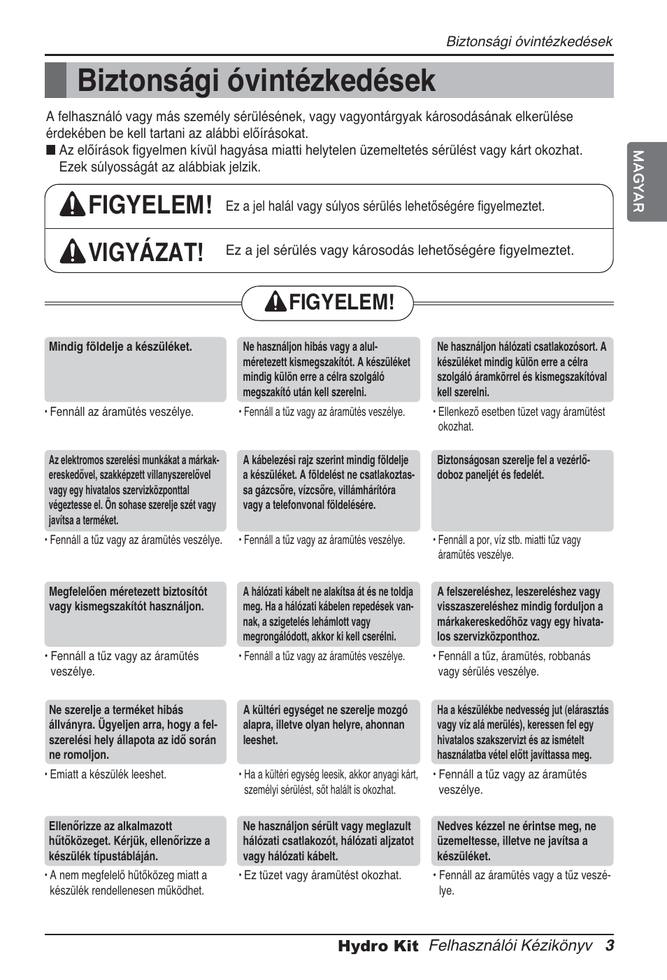 Biztonsági óvintézkedések, Figyelem! vigyázat, Figyelem | LG ARNH10GK2A2 User Manual | Page 289 / 495
