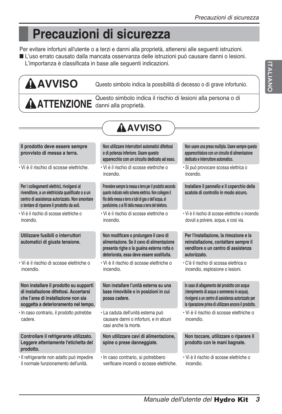 Precauzioni di sicurezza, Avviso attenzione, Avviso | LG ARNH10GK2A2 User Manual | Page 29 / 495