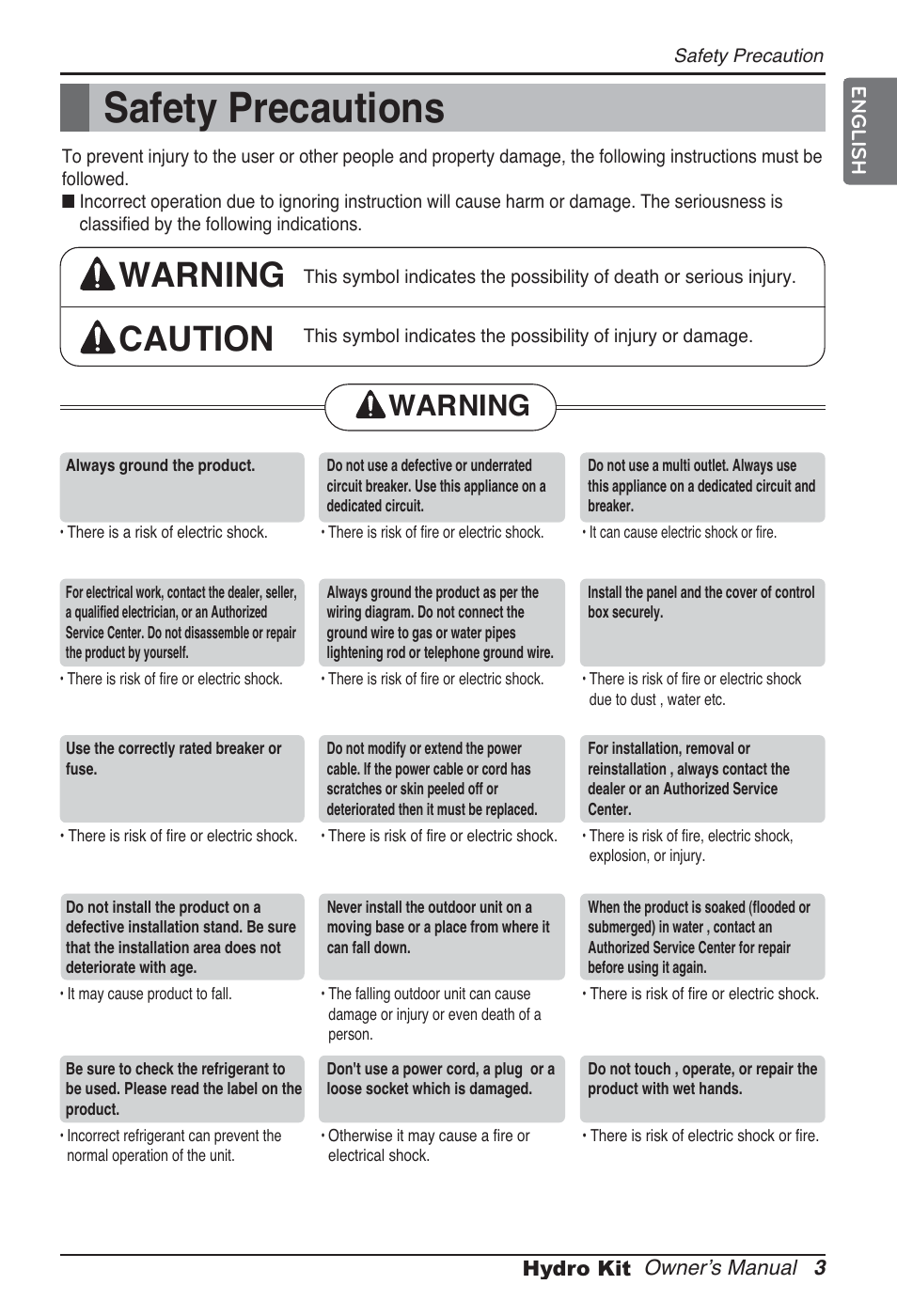 Safety precautions, Warning caution, Warning | LG ARNH10GK2A2 User Manual | Page 3 / 495