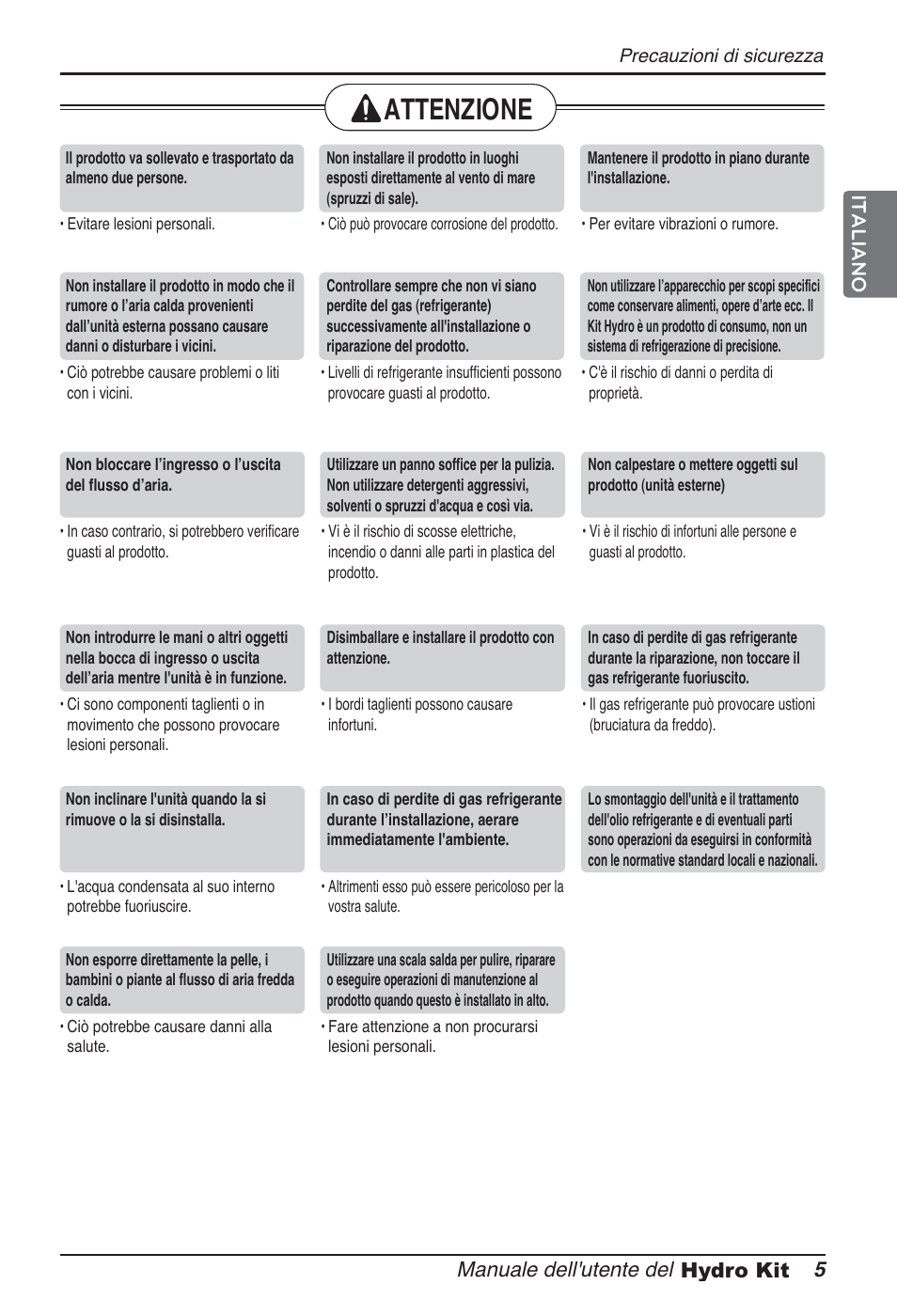 Attenzione, Manuale dell'utente del 5 hydro kit italiano | LG ARNH10GK2A2 User Manual | Page 31 / 495