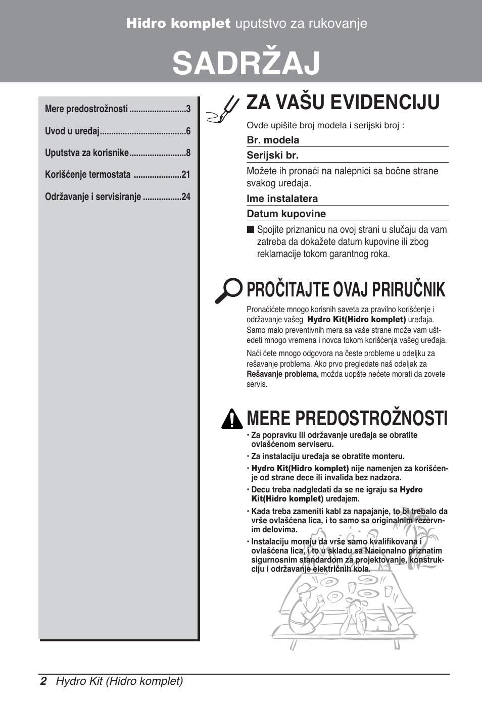 Sadržaj, Za vašu evidenciju, Pročitajte ovaj priručnik | Mere predostrožnosti, Hidro komplet uputstvo za rukovanje | LG ARNH10GK2A2 User Manual | Page 340 / 495