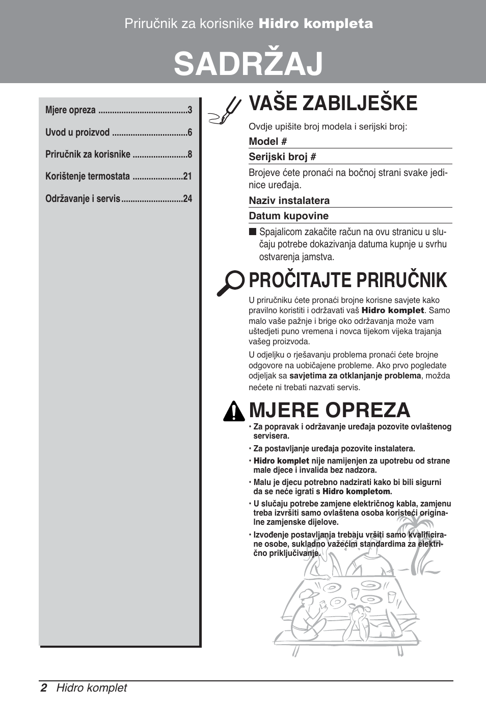 Sadržaj, Vaše zabilješke, Pročitajte priručnik | Mjere opreza, Priručnik za korisnike hidro kompleta | LG ARNH10GK2A2 User Manual | Page 366 / 495
