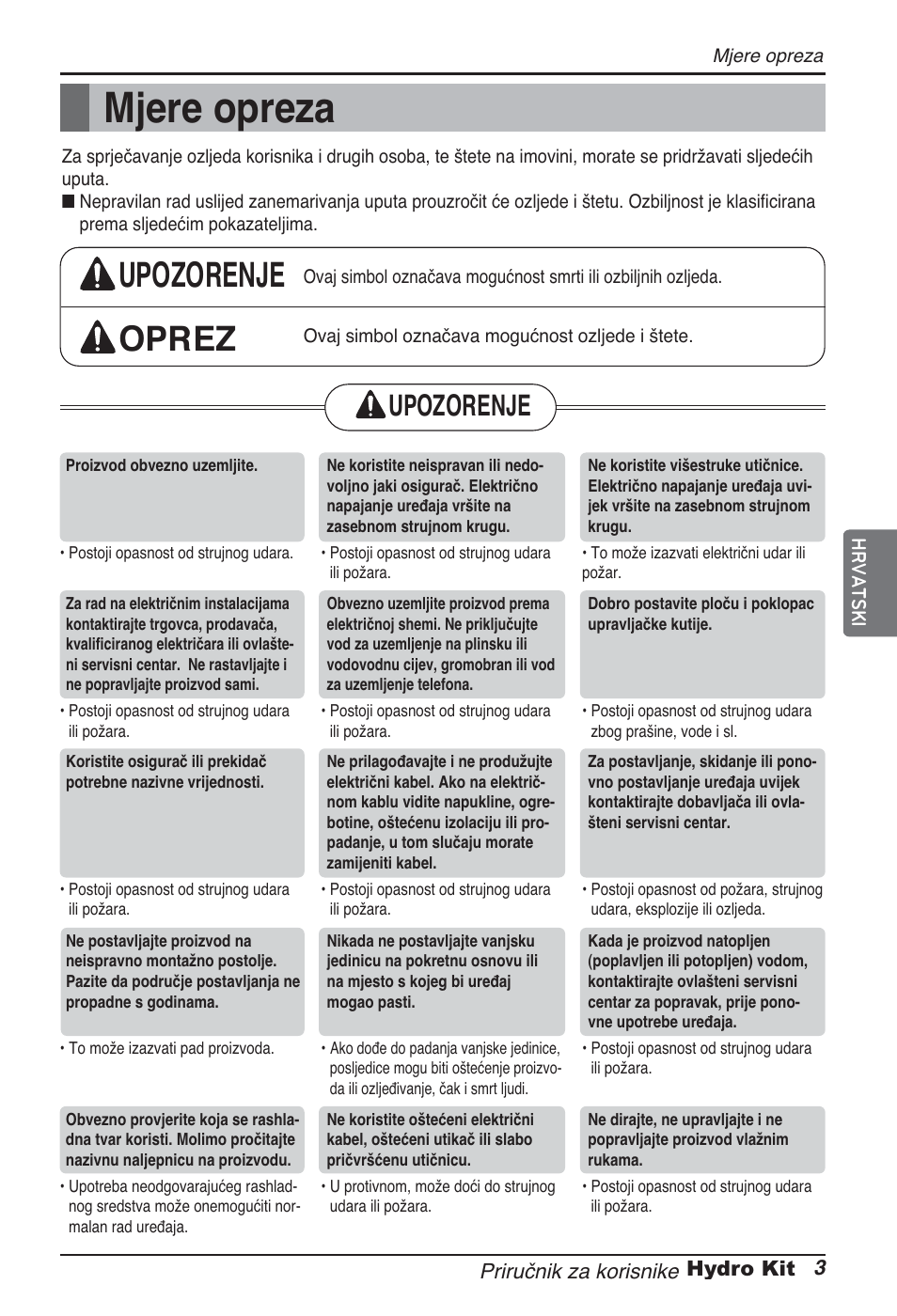 Mjere opreza, Upozorenje oprez, Upozorenje | LG ARNH10GK2A2 User Manual | Page 367 / 495