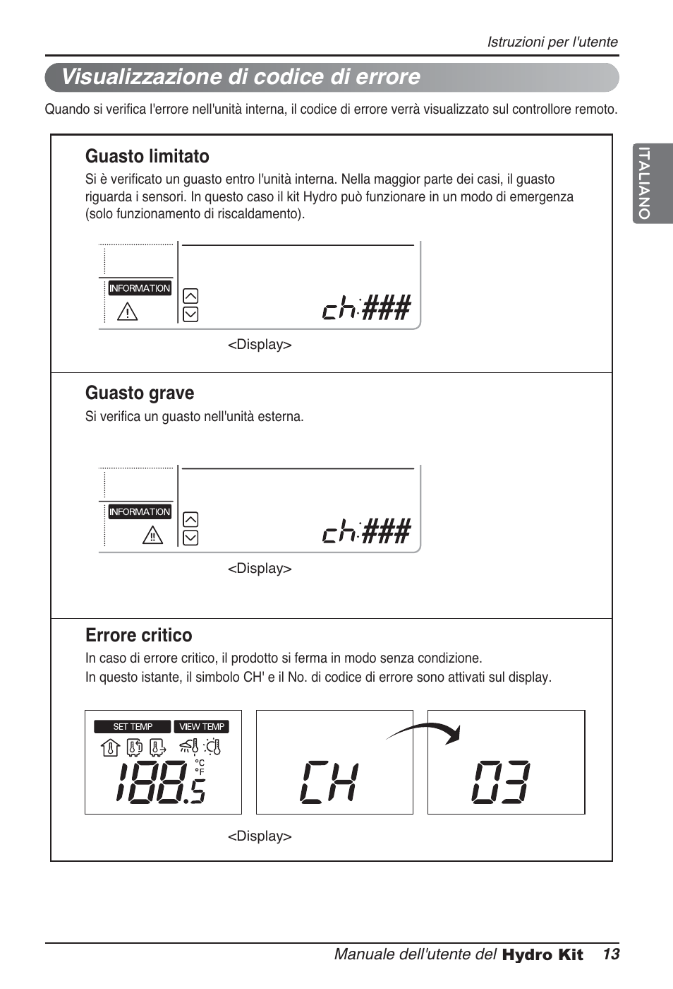 Visualizzazione di codice di errore, Guasto limitato, Guasto grave | Errore critico | LG ARNH10GK2A2 User Manual | Page 39 / 495
