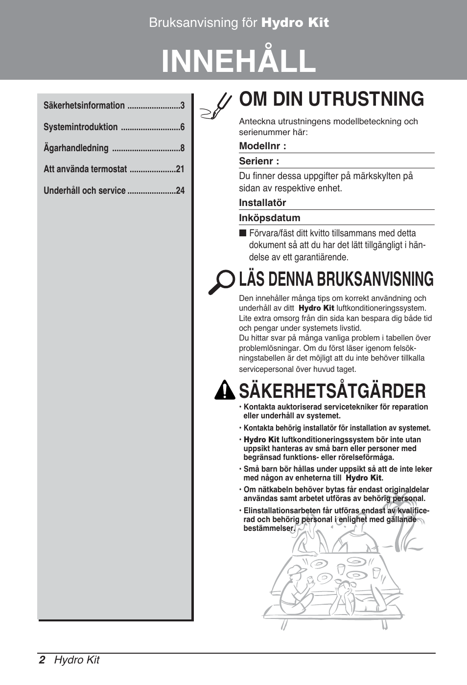 Innehåll, Om din utrustning, Läs denna bruksanvisning | Säkerhetsåtgärder, Bruksanvisning för hydro kit | LG ARNH10GK2A2 User Manual | Page 392 / 495