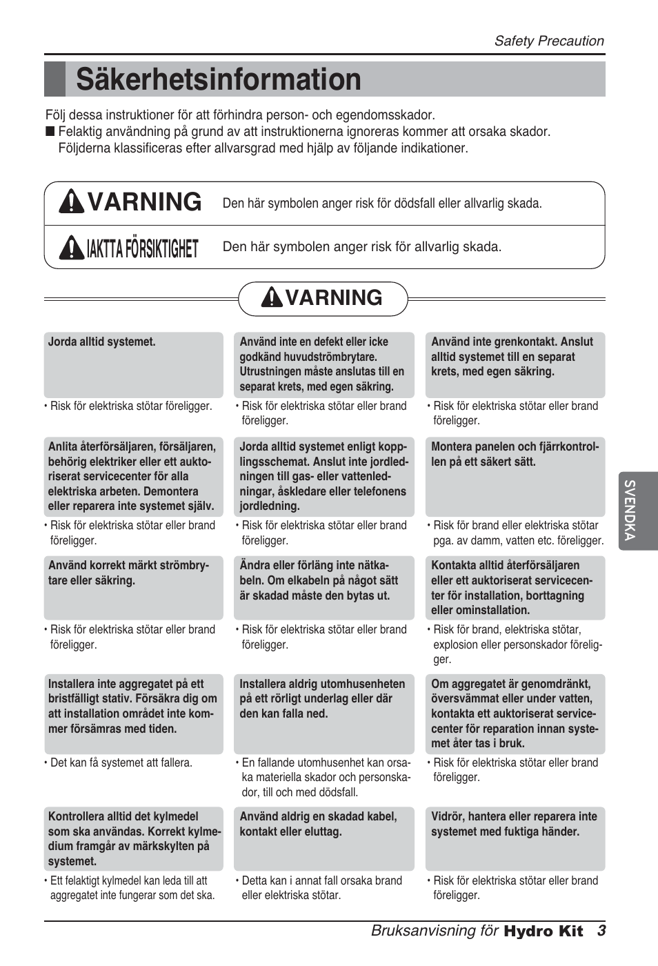 Säkerhetsinformation, Varning iaktta försiktighet, Varning | LG ARNH10GK2A2 User Manual | Page 393 / 495