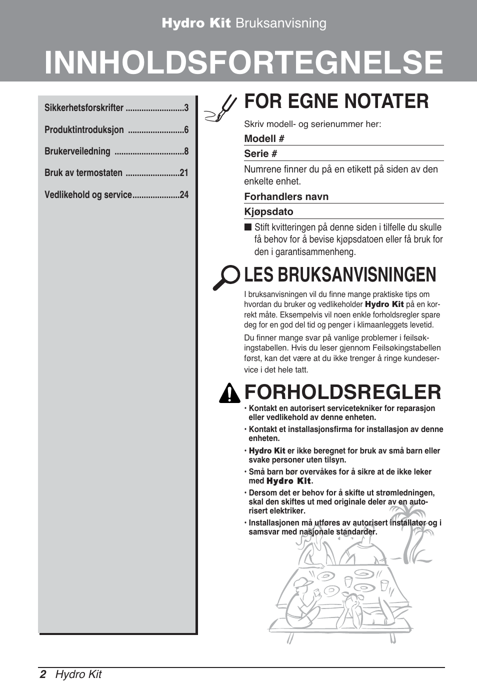 Innholdsfortegnelse, For egne notater, Les bruksanvisningen | Forholdsregler, Hydro kit bruksanvisning | LG ARNH10GK2A2 User Manual | Page 418 / 495