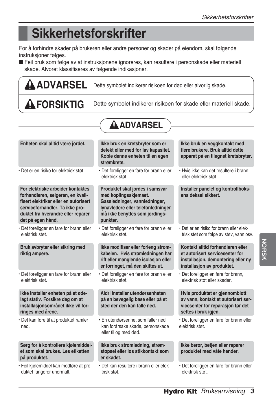 Sikkerhetsforskrifter, Advarsel forsiktig, Advarsel | LG ARNH10GK2A2 User Manual | Page 419 / 495