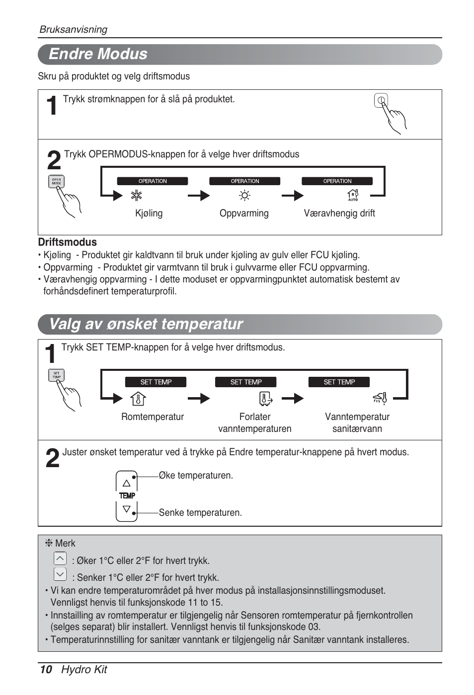 Valg av ønsket temperatur, Endre modus | LG ARNH10GK2A2 User Manual | Page 426 / 495