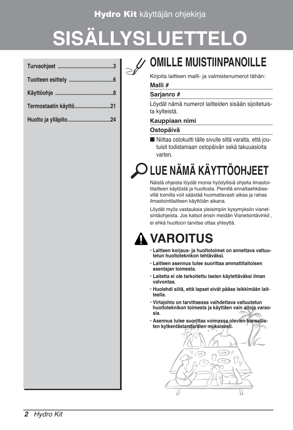 Sisällysluettelo, Omille muistiinpanoille, Lue nämä käyttöohjeet | Varoitus, Hydro kit käyttäjän ohjekirja | LG ARNH10GK2A2 User Manual | Page 444 / 495