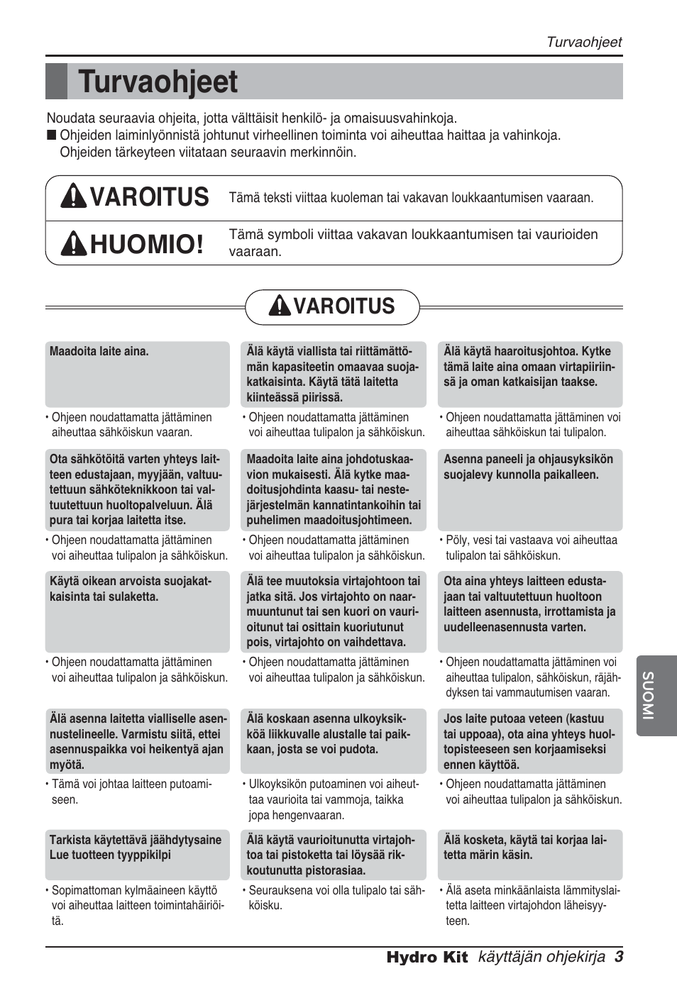 Turvaohjeet, Varoitus huomio, Varoitus | LG ARNH10GK2A2 User Manual | Page 445 / 495